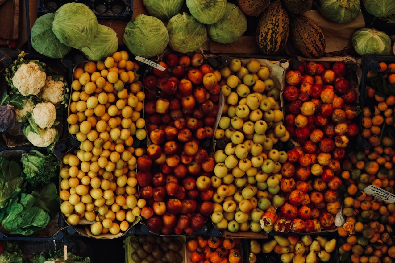 Colorful assortment of fruits and vegetables at a local market. Vibrant and fresh.